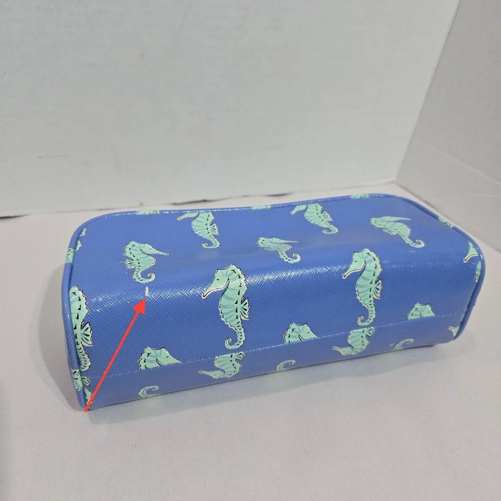 Kate Spade Cosmetic Bag Blue Seahorse Print Saffiano Travel Pouch *see pics